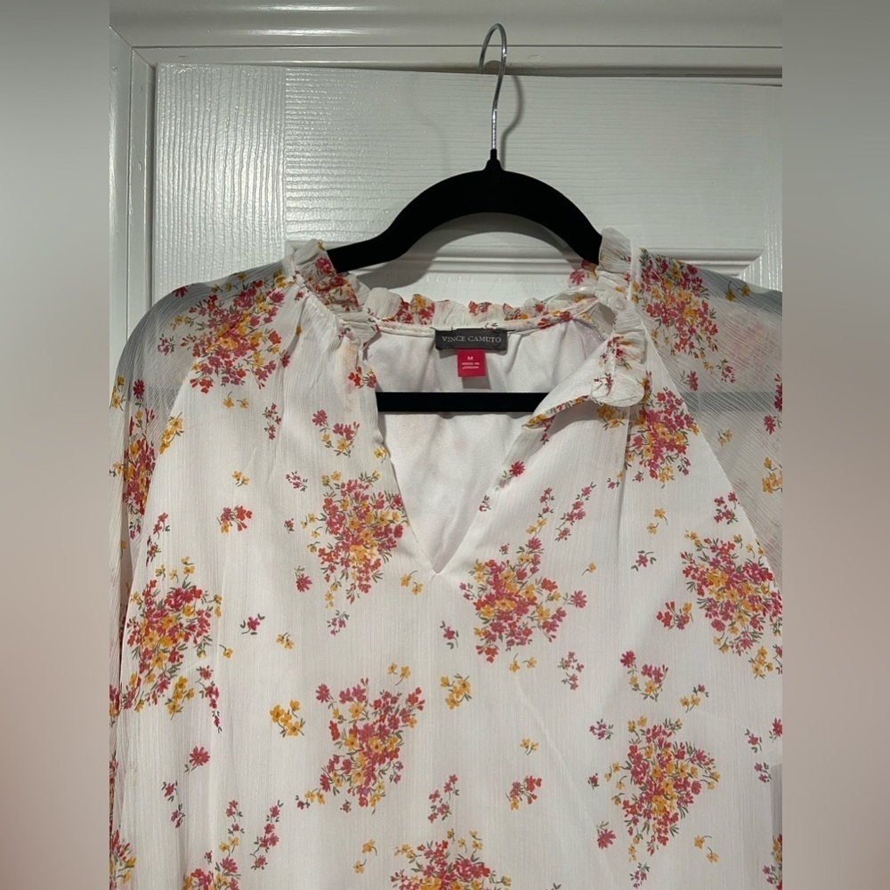 NWT Vince Camuto Size M White Floral Ruffle Flowy Long Sleeve Sheer Mini Dress - Picture 2 of 14